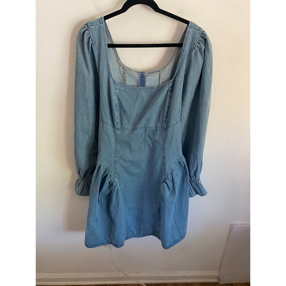 Light Washโ Denim Puff Sleeve Square Neck Mini Dress Back Tie Blue 2XL